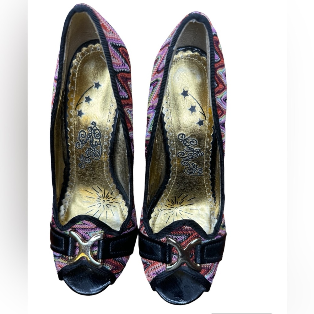 Naughty Monkey Peep Toe Stack Heels embroidered chevron pattern retro rockabilly
